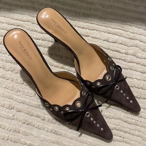 New Tony Bianco Shae Suede Mules/Kitten Heels (Color: Espresso Brown)